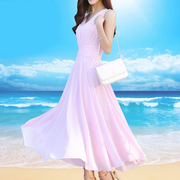 夏季大码无袖连衣裙雪纺v领裙子气质修身长款沙滩裙长裙女仙