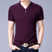 男士夏季V领纯棉短袖t恤韩版修身半袖衫 青少年百搭纯色短袖上衣