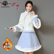 冬季中国风改良旗袍连衣裙，夹棉加厚保暖两件套装女中长款