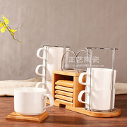 创意欧式纯白陶瓷咖啡杯具套装配杯架竹木托盘叠叠杯咖啡套杯