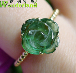 天然黄草绿色绿碧玺戒指彩色，宝石小花朵，组合对戒指环18k黄金