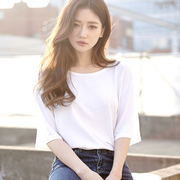 夏季韩版中袖白色t恤女五分袖圆领纯棉纯色半袖宽松百搭上衣