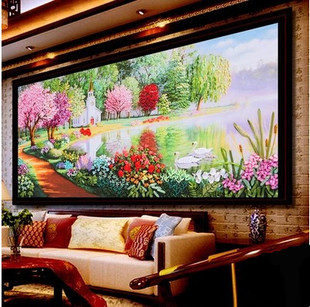 3d丝带绣彩印欧式大客厅风景挂画琉璃湖畔，爱的寄语立体十字秀