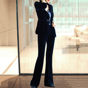 高级感职业套装2022春秋修身西装丝绒外套女丝绒喇叭裤子两件套OL