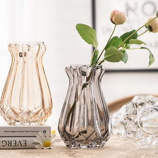 欧式玻璃花瓶透明竖棱钻石造型客厅装饰摆件，彩色插花花器工艺品