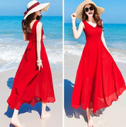 大红色雪纺连衣裙女夏季正反两穿超长裙大摆型海边度假沙滩裙