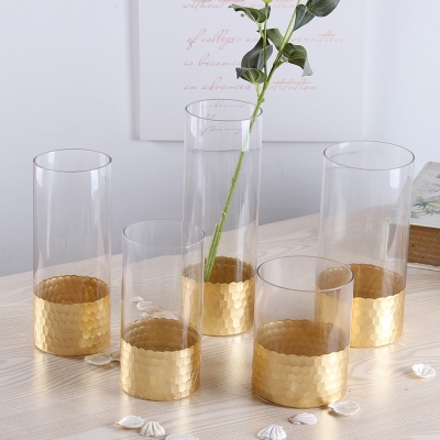 北欧金色蜂窝玻璃花瓶透明直筒家居，软装饰品金箔插花花器玫瑰百合