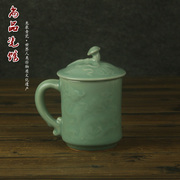 龙泉青瓷汝窑陶瓷茶具功夫，带盖花茶茶杯古典泡茶办公杯子男士