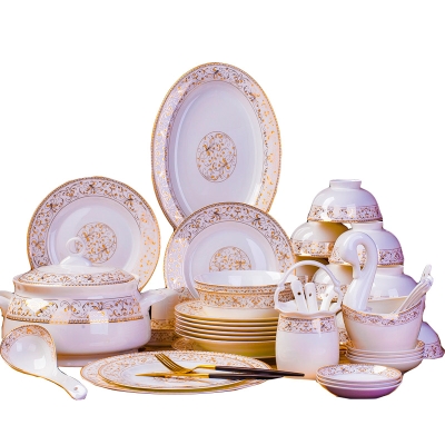 碗碟套装家用欧式简约金边56头骨瓷餐具套装，陶瓷碗盘组合
