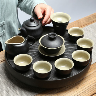 茗峰禅风黑陶瓷功夫茶具，套装整套黑釉侧把壶茶杯盖碗瓷器茶盘