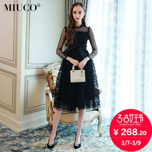 miuco2018女装褶皱波点网纱蕾丝蛋糕裙ins超火的系腰带连衣裙