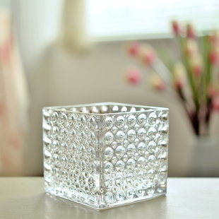 创意加厚方形玻璃花瓶水培，绿萝圆点透明玻璃小号珠点方缸台面花瓶