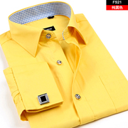 2024春季商务法式衬衫，男长袖修身免烫格子，领休闲黄色衬衣男寸衫袖