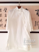 中式外套内搭蕾丝领斜襟，中长款棉麻白色衬衫打底衫