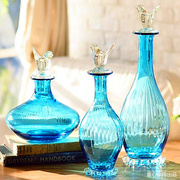 欧式入户玄关摆件花瓶创意摆设样板房蓝色客厅酒店玻璃花器装饰