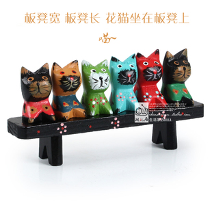 东南亚巴厘岛木雕风格板凳小猫，摆件彩绘招财，办公桌面家居装饰品
