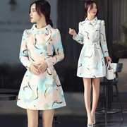 2017年春季韩版娃娃领中腰套头长袖中长款拼接印花裙子连衣裙