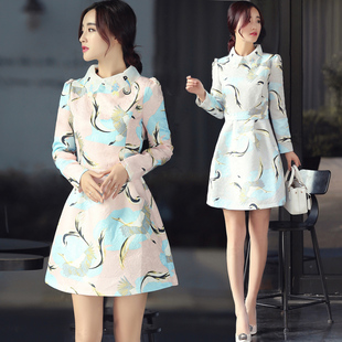 2017年春季韩版娃娃领中腰套头长袖中长款拼接印花裙子连衣裙