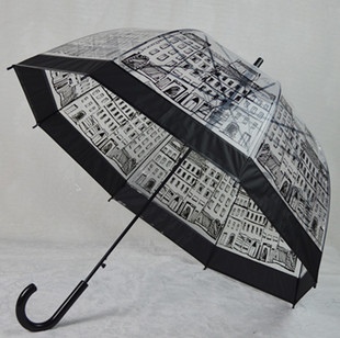 英伦风建筑自动拱形透明伞，女生长柄伞创意复古晴雨伞