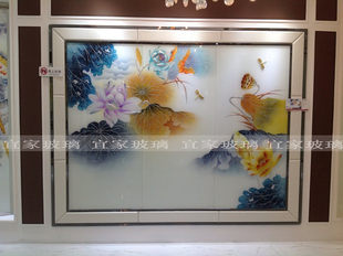 上海艺术玻璃电视背景墙餐厅，简欧现代玄关，深雕金箔荷香荷花叶