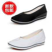 上海双钱牌护士鞋春秋防滑小白色坡跟女美容师工作帆布鞋软牛筋底