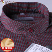 啄木鸟红格子立领保暖衬衫，中年男装长袖，冬季加绒加厚圆领衬衣