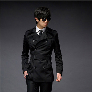 小码韩版修身男风衣中长款155 160 165青年学生双排扣男风衣黑色