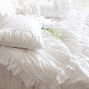 韩版纯白色贡缎纯棉手工褶皱嵌蕾丝全棉床裙款床上用品被套四件套