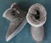 澳洲纯羊毛羊皮毛一体纽扣，防滑保暖灰色，3352雪地靴筒短靴子男女冬