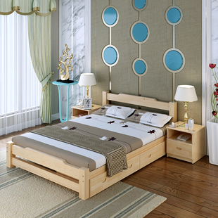 可定制实木床松木床，单人双人床高箱储物床1.8米1.5米床原木清漆床