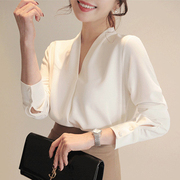 白色雪纺衬衫女2020韩范职业装v领长袖打底衫上衣，宽松白衬衣(白衬衣)