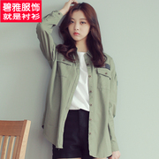 韩国宽松工装衬衫男女长袖全棉，情侣港风学生，衬衣军旅风绿色外套