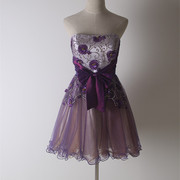 d003紫色甜美纱裙伴娘短款礼服，裙抹胸手工，钉珠绣花公主a字裙