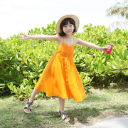 韩版母女亲子装长裙夏季吊带，背心女童纯棉，淑女连衣裙纯色