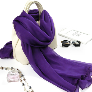 紫色丝巾纯色春秋薄款真丝雪纺夏季围巾，桑蚕丝披肩女防晒百搭纱巾
