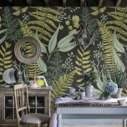 美式乡村壁纸田园蕨类植物壁画酒吧餐厅客厅电视背景墙墨绿色墙布