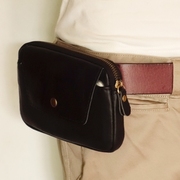 真皮腰包男头层牛皮手机包6.6寸穿皮带，横款大容量双拉链手机袋黑