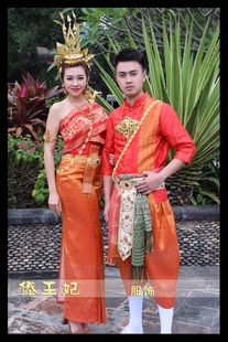 傣王妃服饰泰国傣族结婚礼服男女套装红色影楼拍照写真盛装1