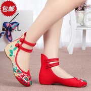 老北京布鞋舞蹈民族风拼色绑带，绣花鞋内增高坡跟女单鞋