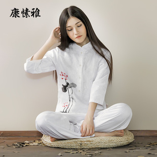 康愫雅禅修服瑜伽服女宽松白色仙气棉麻套装初学者亚麻瑜珈服禅服