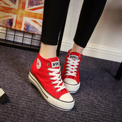 鞋女中学生红色高帮帆布鞋厚底内增高女鞋夏高