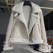 2017冬韩国鹿皮绒短款麂皮绒羊羔毛外套女皮毛一体机车服棉衣