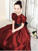 酒红色欧美秋冬短袖款，儿童礼服公主裙，女童礼服裙公主裙钢琴演出服