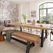 北欧原木美式复古实木铁艺餐桌椅组合桌饭桌防锈做旧酒吧桌办