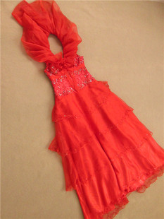 1112大红色童裙演出公主长款手工钉珠外贸工厂晚礼服裙宴会年会