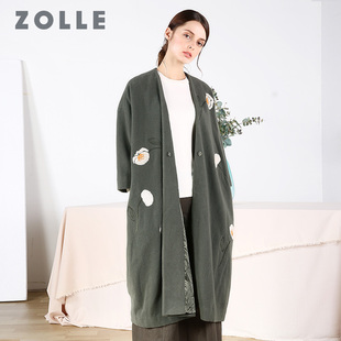 zolle因为七分袖毛呢外套，女中长款民族风，刺绣大衣冬装2018