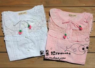 秋装 品牌贝蕾地蕾丝草莓款 圆领女童衬衫100% 纯棉衬衣