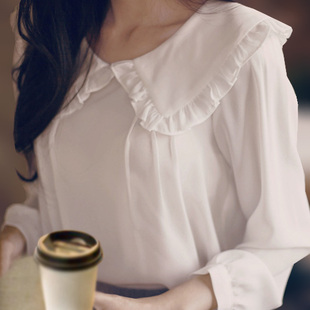 韩版文艺范娃娃领白色雪纺衫女上衣灯笼袖荷叶边学生长袖打底衬衫