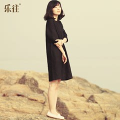 L.Wang乐往原创女装 春夏显瘦文艺范儿黑色亚麻连衣裙