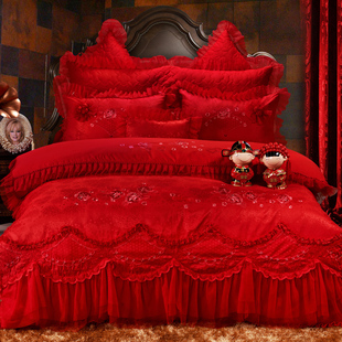 婚庆四件套大红色纯棉结婚床品六八十件套，全棉蕾丝刺绣花床上用品